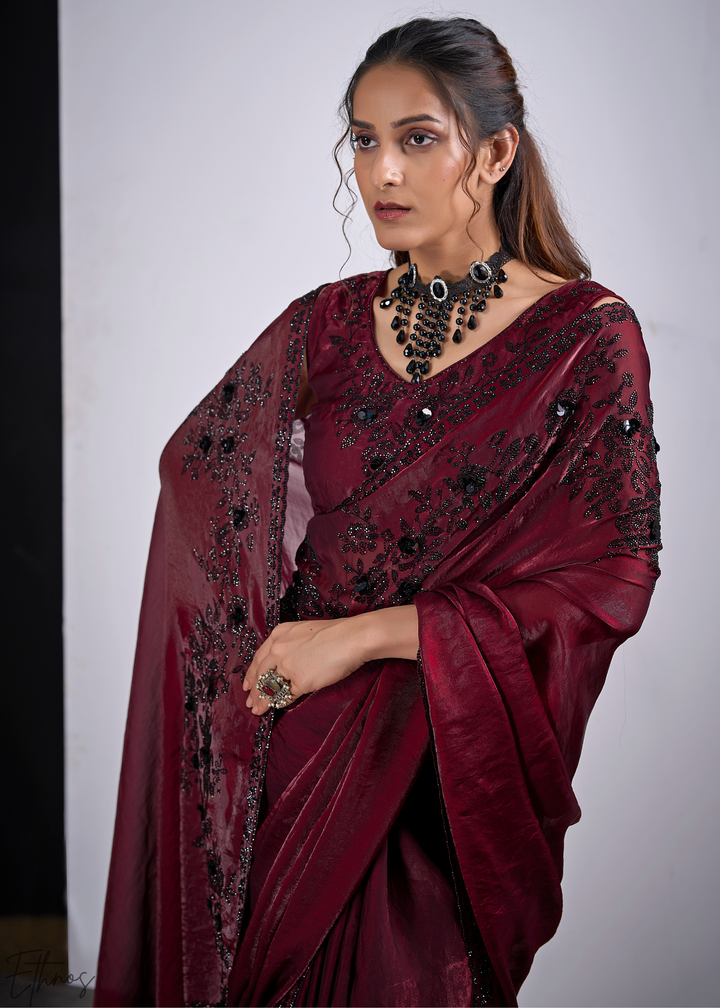 Cuprite Maroon Floral Swarovski Fendy Satin Silk Saree