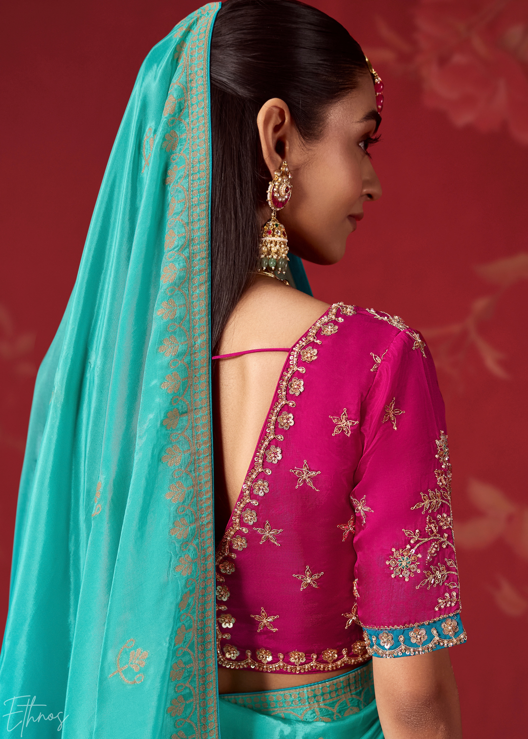 Cyan Textured Chevron Ombre Dola Silk Saree