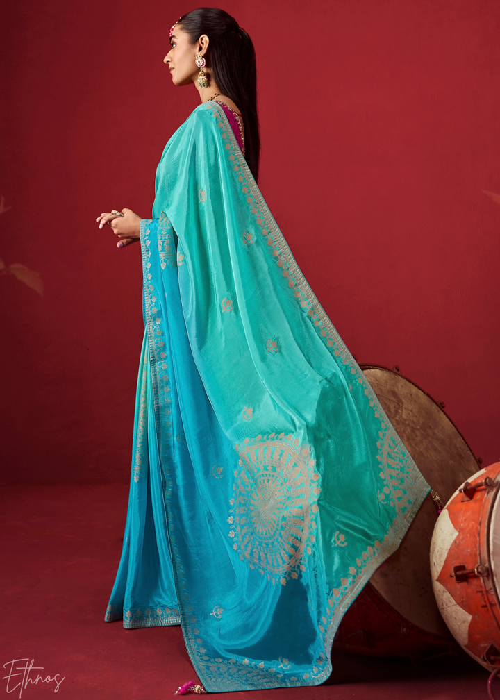 Cyan Textured Chevron Ombre Dola Silk Saree