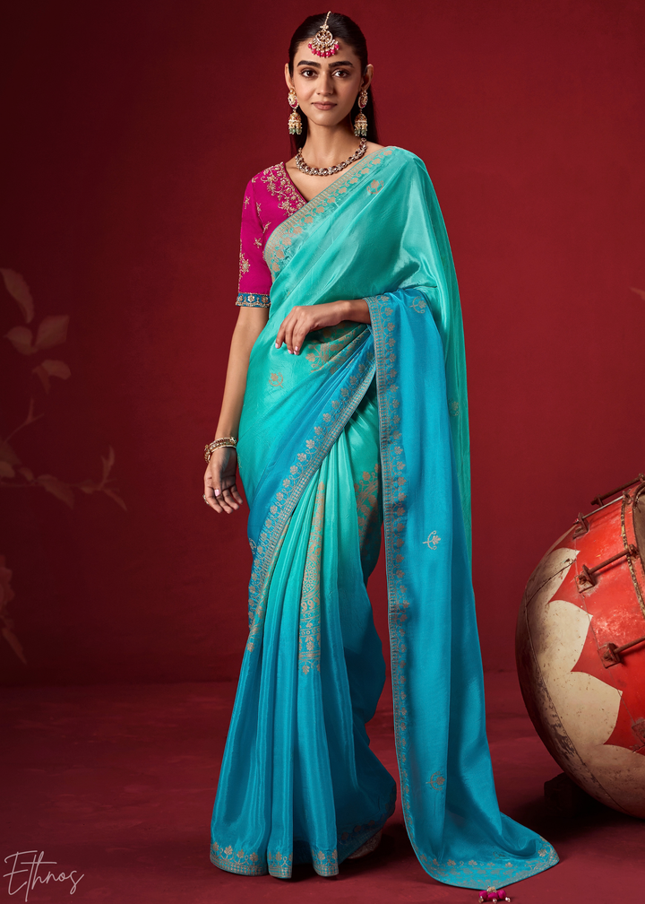 Cyan Textured Chevron Ombre Dola Silk Saree