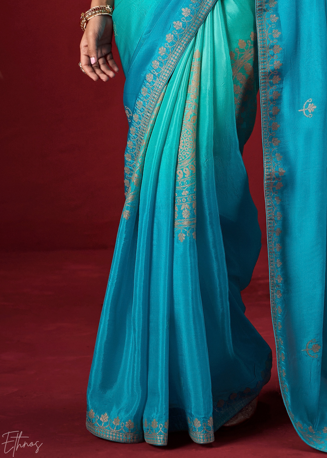 Cyan Textured Chevron Ombre Dola Silk Saree