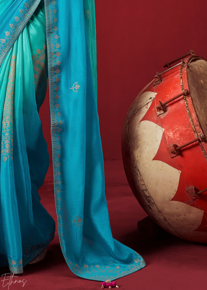 Cyan Textured Chevron Ombre Dola Silk Saree