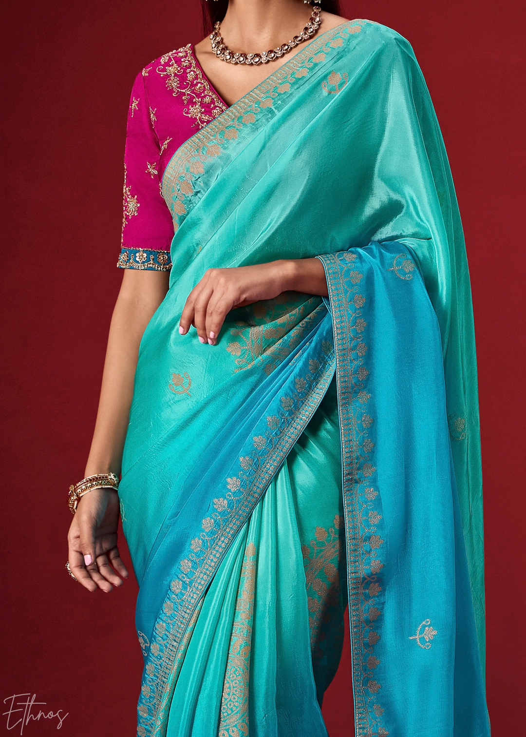 Cyan Textured Chevron Ombre Dola Silk Saree