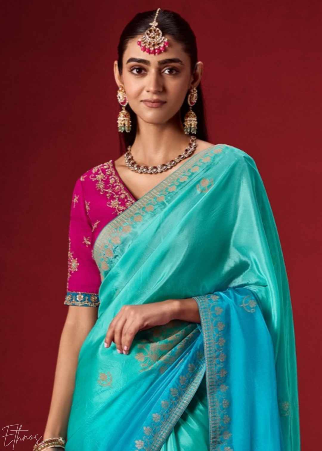Cyan Textured Chevron Ombre Dola Silk Saree
