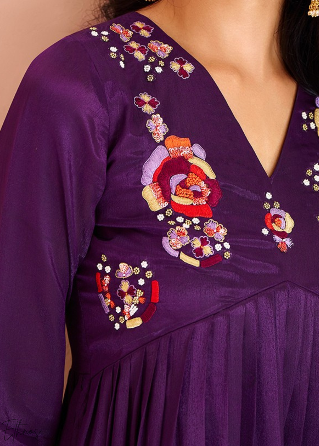 Wine Purple Yoke Embroidered Frock Kurti Palazzo Set