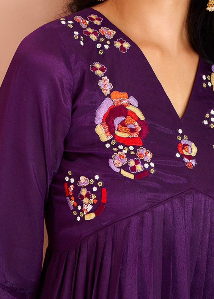Wine Purple Yoke Embroidered Frock Kurti Palazzo Set