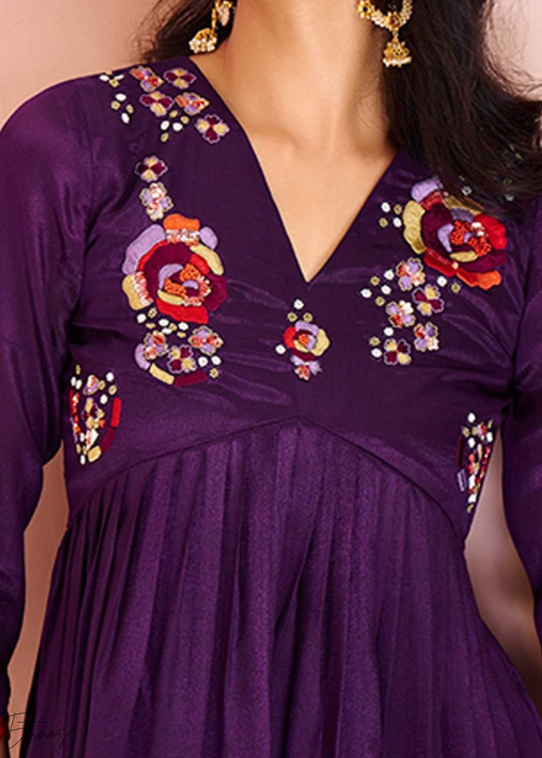 Wine Purple Yoke Embroidered Frock Kurti Palazzo Set