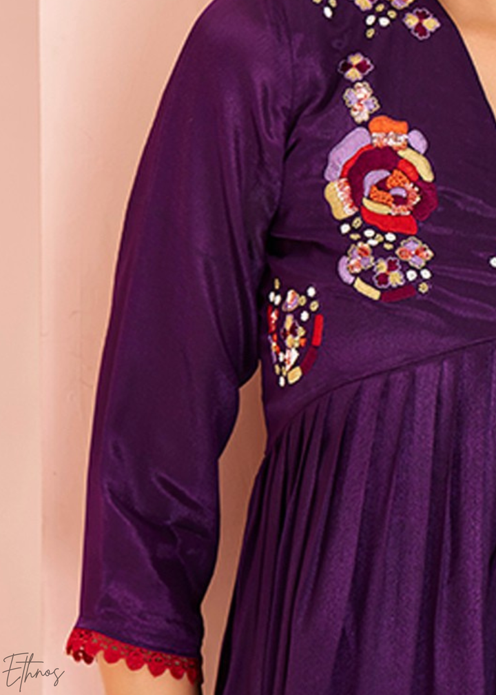 Wine Purple Yoke Embroidered Frock Kurti Palazzo Set
