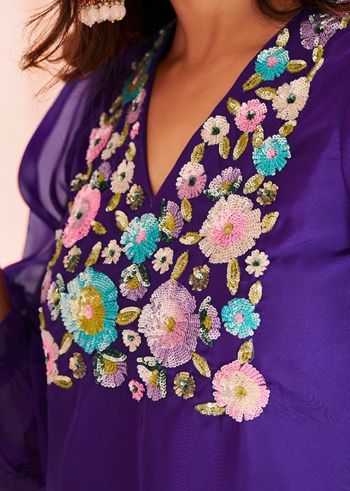 Electric Blue Embroidered Organza Pant Suit