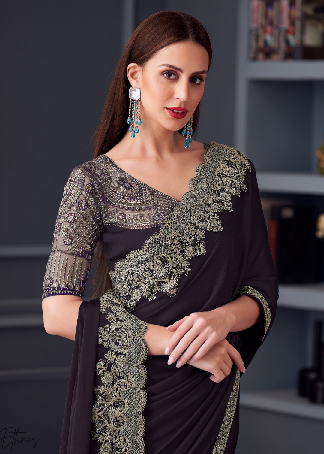 Dark Coffee Brown Heavy Border Embroidered Georgette Saree