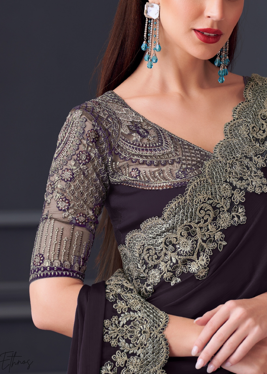 Dark Coffee Brown Heavy Border Embroidered Georgette Saree