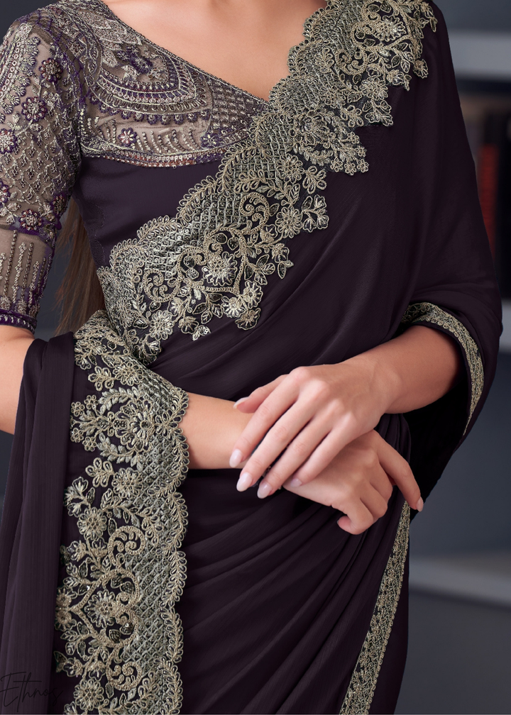 Dark Coffee Brown Heavy Border Embroidered Georgette Saree