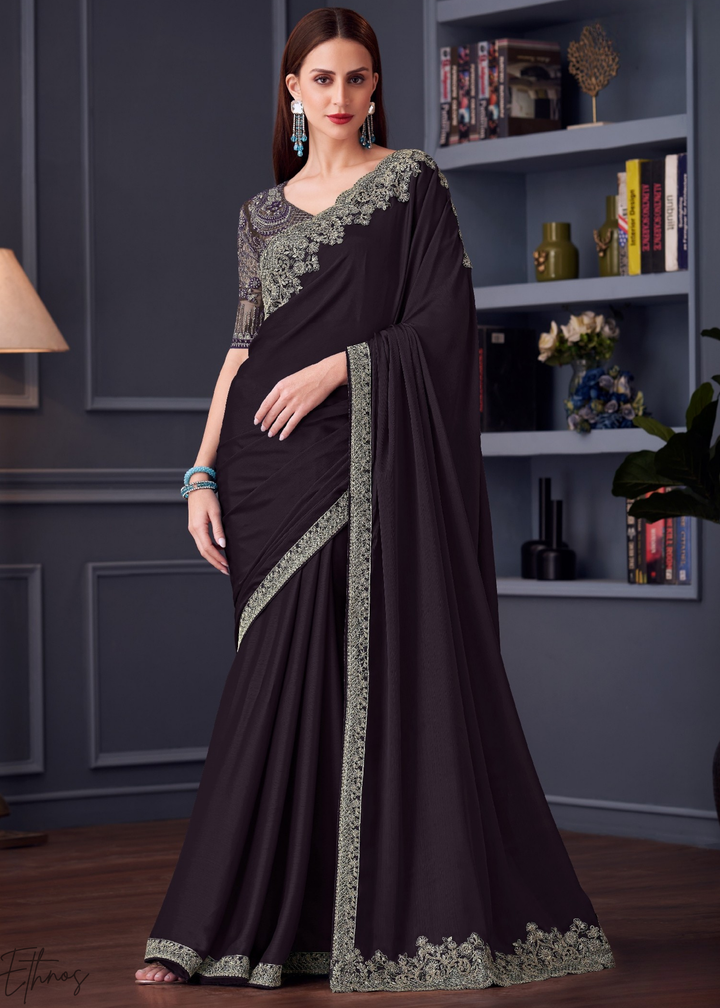 Dark Coffee Brown Heavy Border Embroidered Georgette Saree