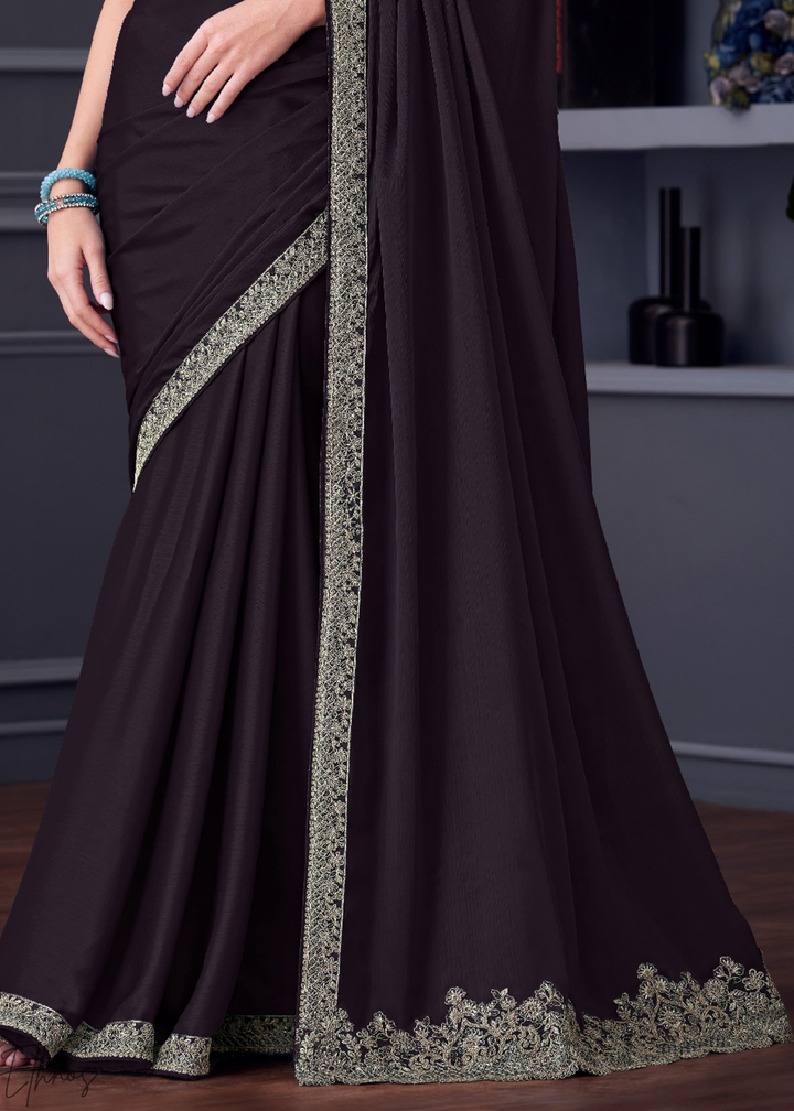 Dark Coffee Brown Heavy Border Embroidered Georgette Saree