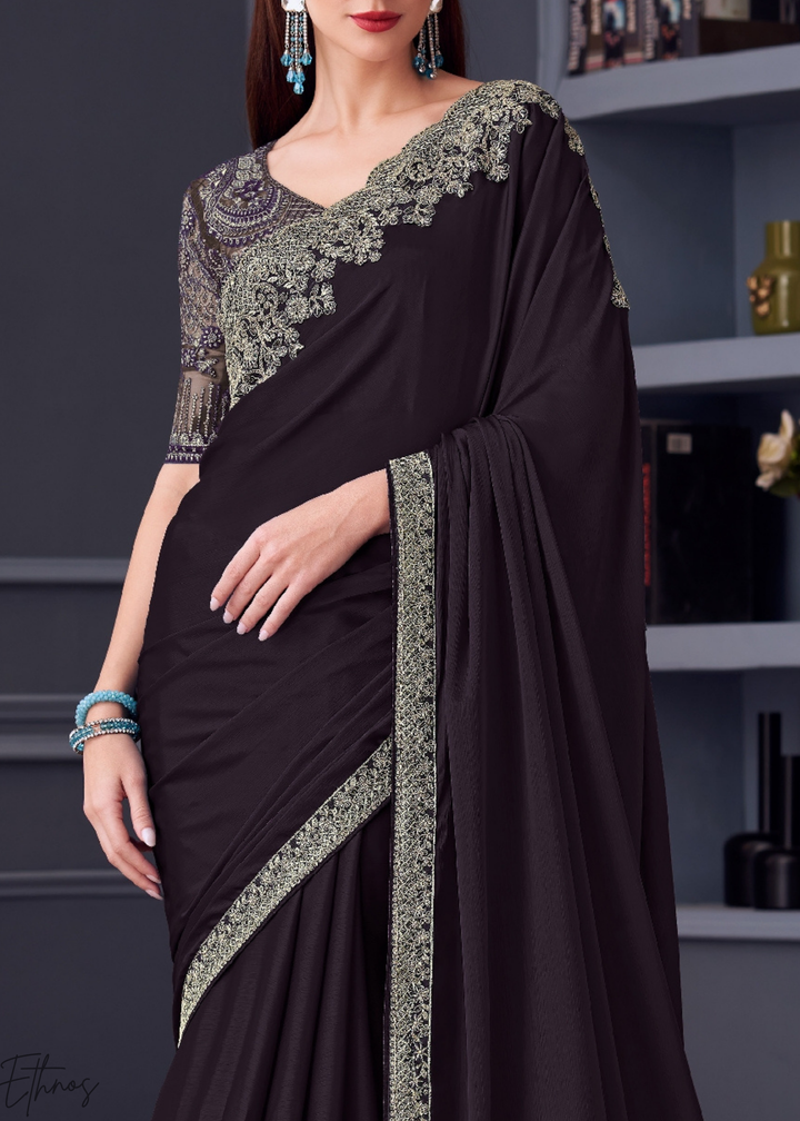 Dark Coffee Brown Heavy Border Embroidered Georgette Saree
