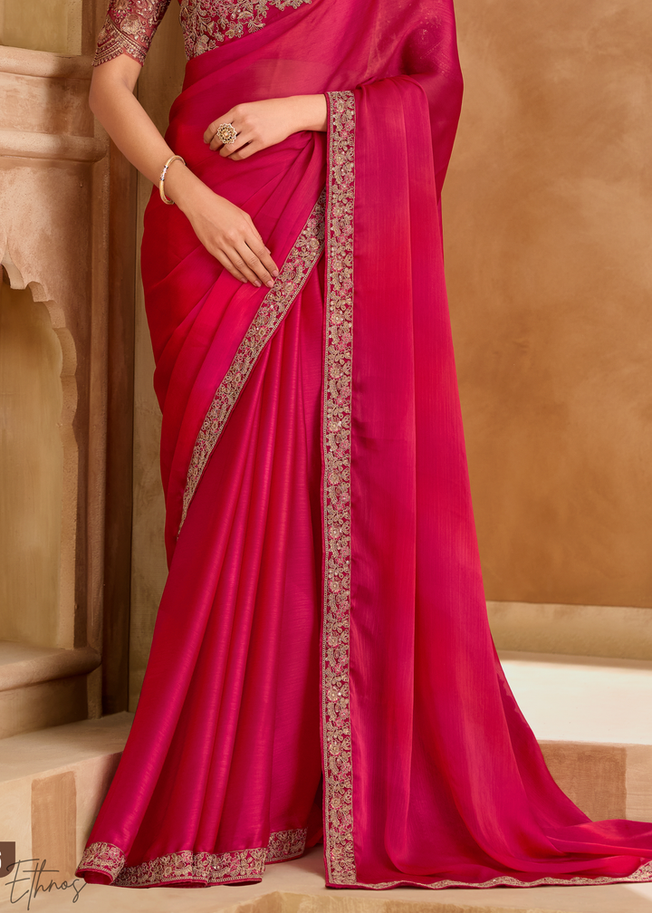 Fuchsia Bloom Heavy Border Satin Chiffon Saree