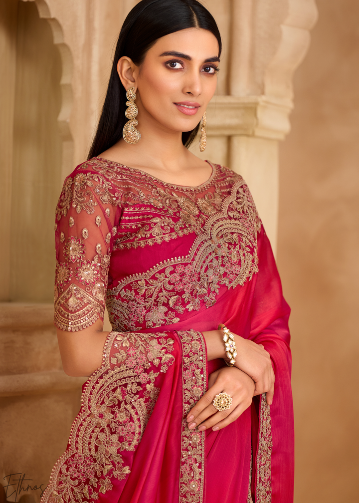 Fuchsia Bloom Heavy Border Satin Chiffon Saree