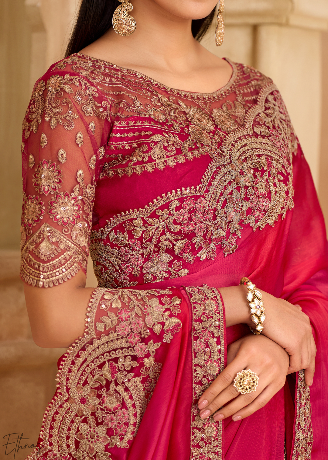 Fuchsia Bloom Heavy Border Satin Chiffon Saree