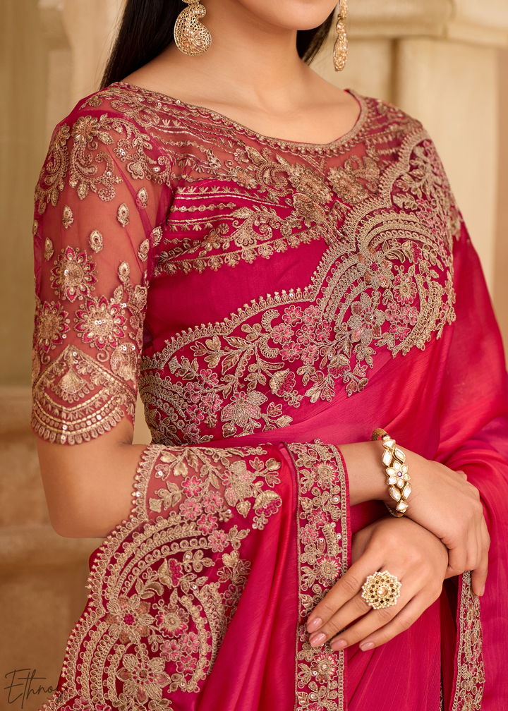 Fuchsia Bloom Heavy Border Satin Chiffon Saree
