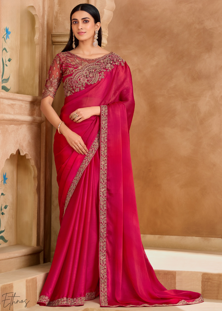 Fuchsia Bloom Heavy Border Satin Chiffon Saree