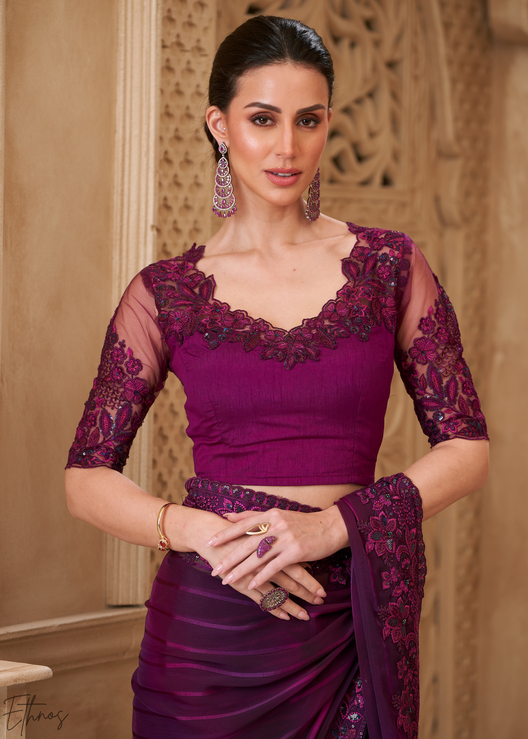 Deep Amethyst Classic Border Satin Georgette Saree