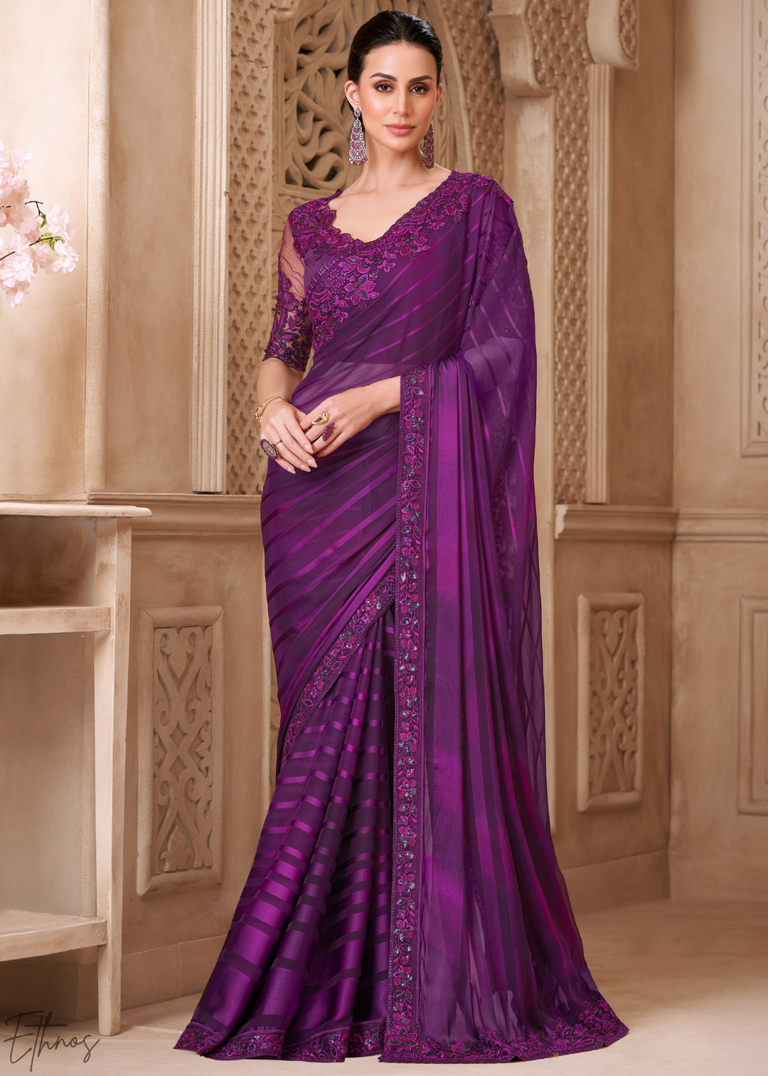 Deep Amethyst Classic Border Satin Georgette Saree