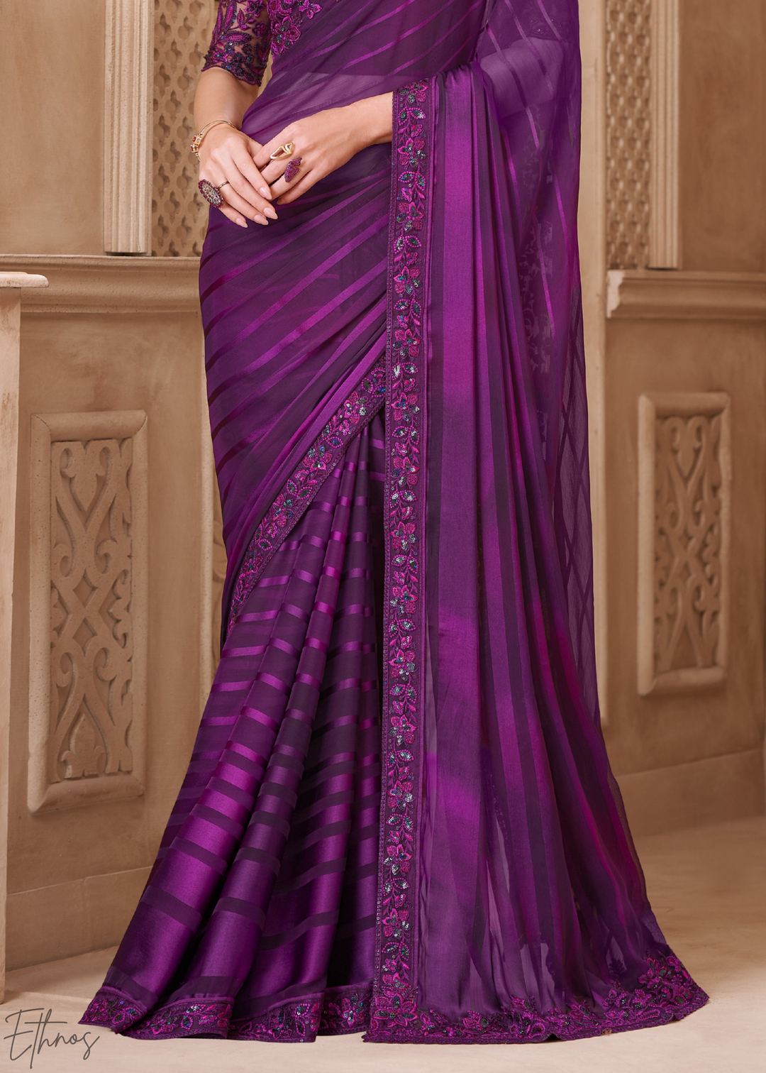 Deep Amethyst Classic Border Satin Georgette Saree