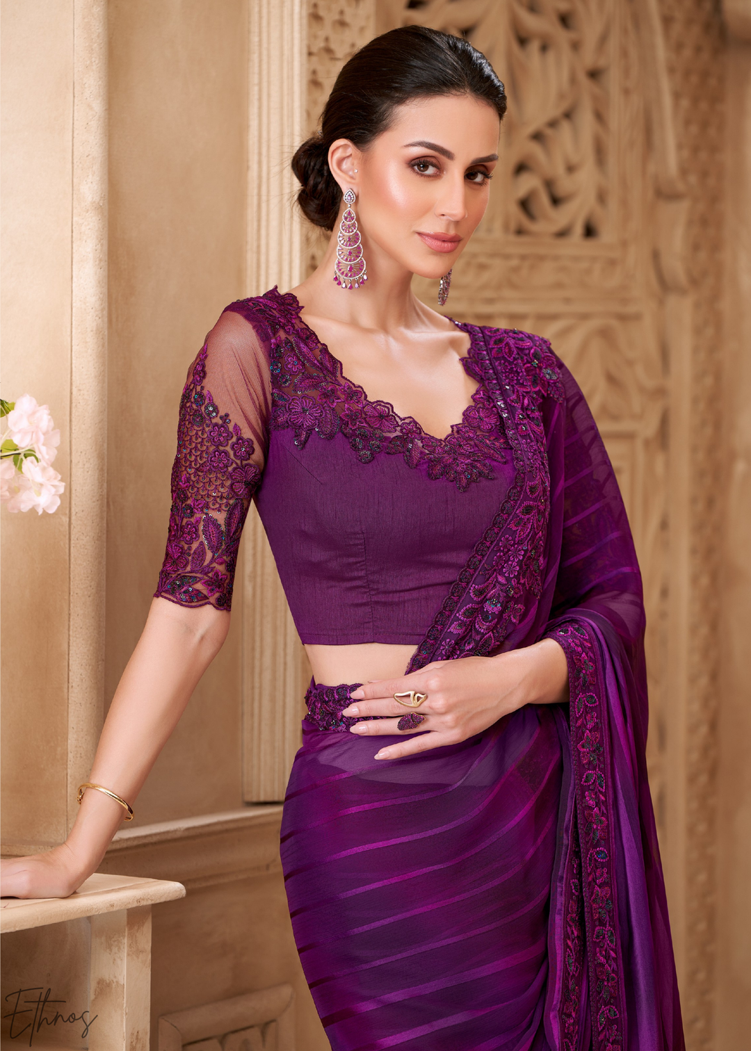 Deep Amethyst Classic Border Satin Georgette Saree