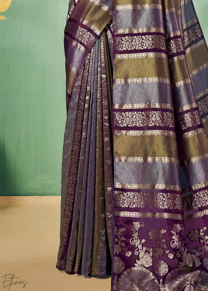 Deep Amethyst Metallic-Stripe Tissue Poly-Viscose Silk Saree
