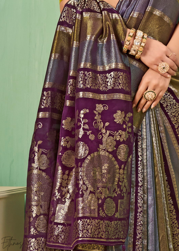 Deep Amethyst Metallic-Stripe Tissue Poly-Viscose Silk Saree