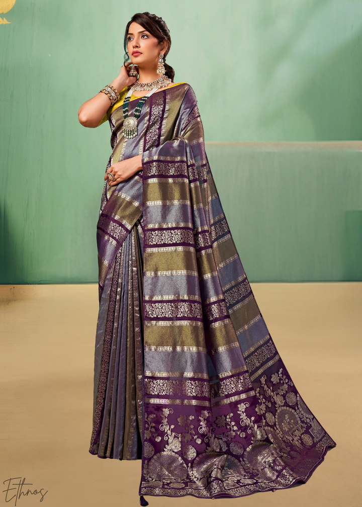 Deep Amethyst Metallic-Stripe Tissue Poly-Viscose Silk Saree