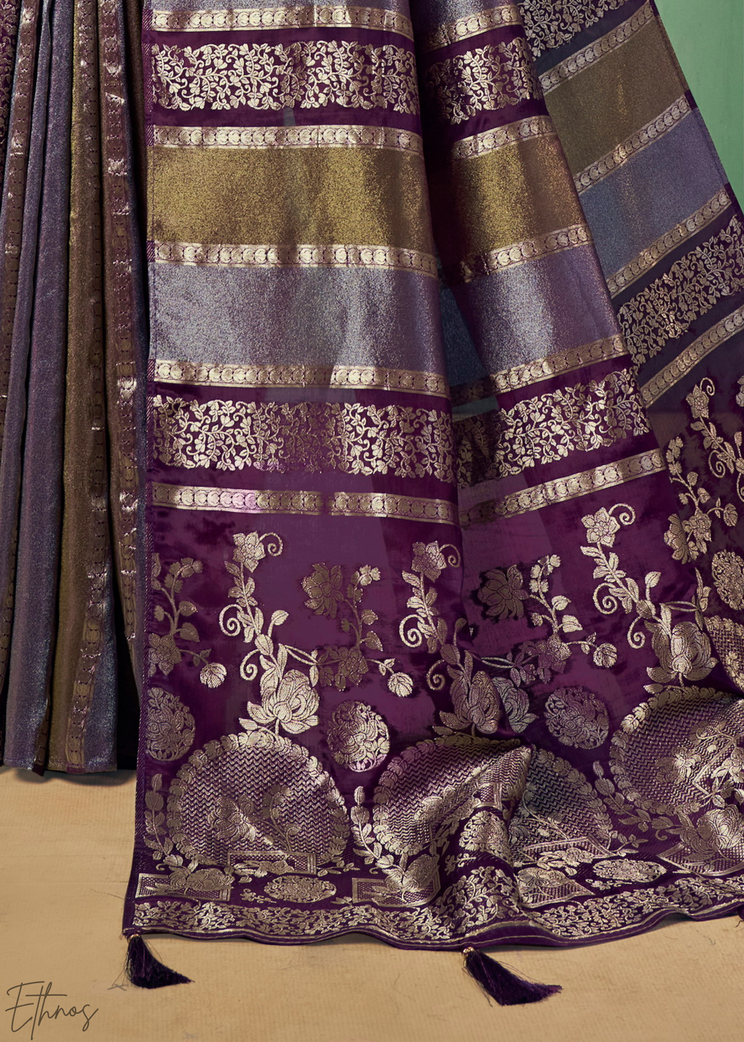 Deep Amethyst Metallic-Stripe Tissue Poly-Viscose Silk Saree