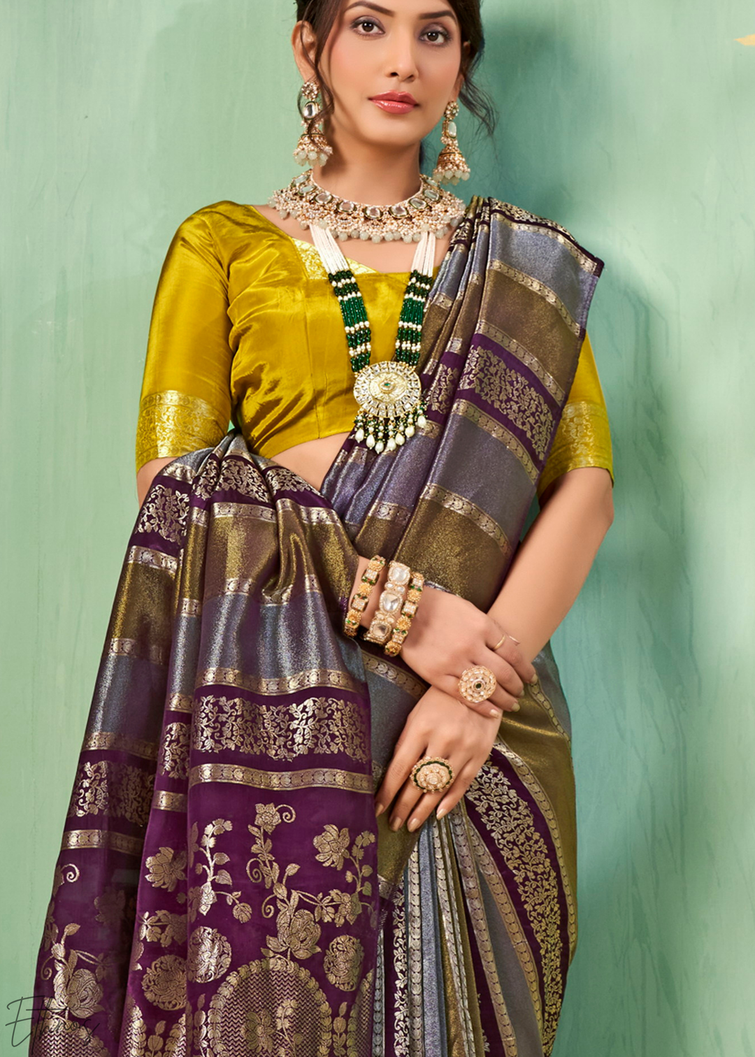 Deep Amethyst Metallic-Stripe Tissue Poly-Viscose Silk Saree