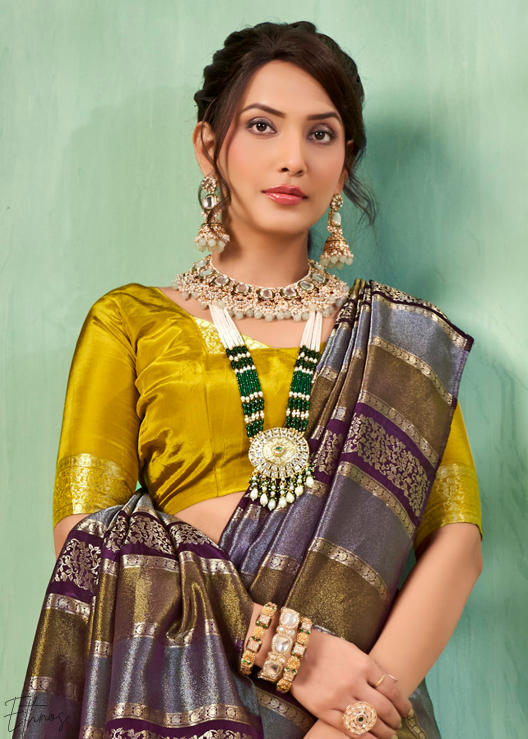 Deep Amethyst Metallic-Stripe Tissue Poly-Viscose Silk Saree