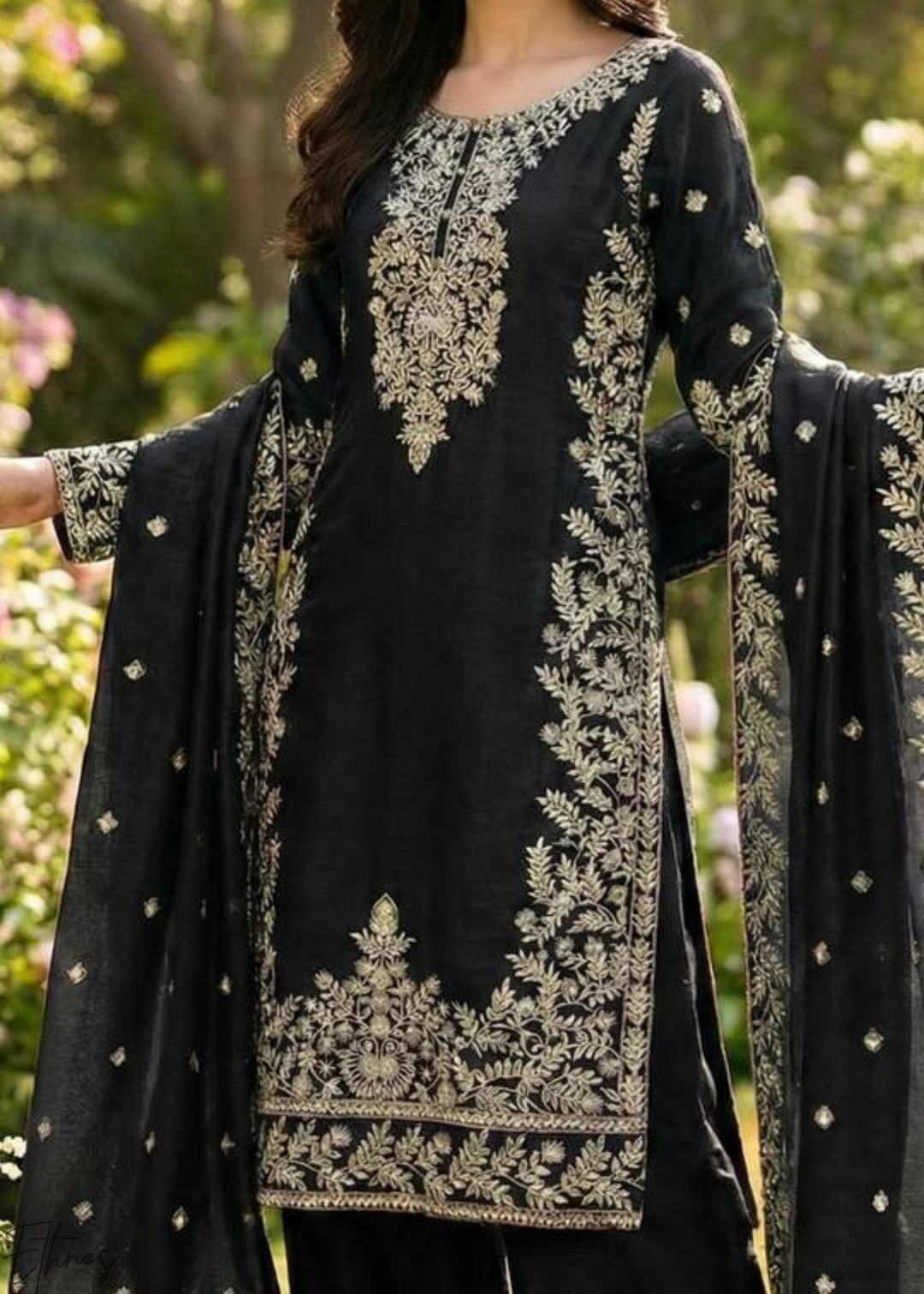 Deep Black Silk Embroidered Silk Palazzo Suit
