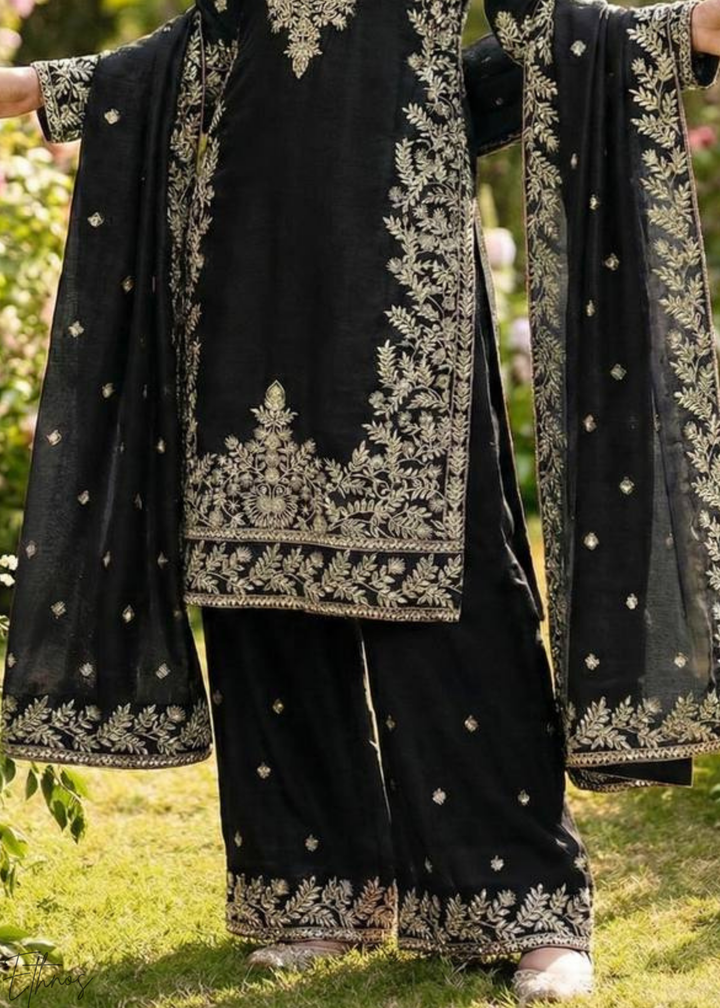 Deep Black Silk Embroidered Silk Palazzo Suit