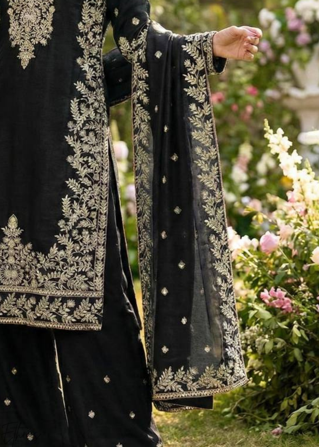 Deep Black Silk Embroidered Silk Palazzo Suit