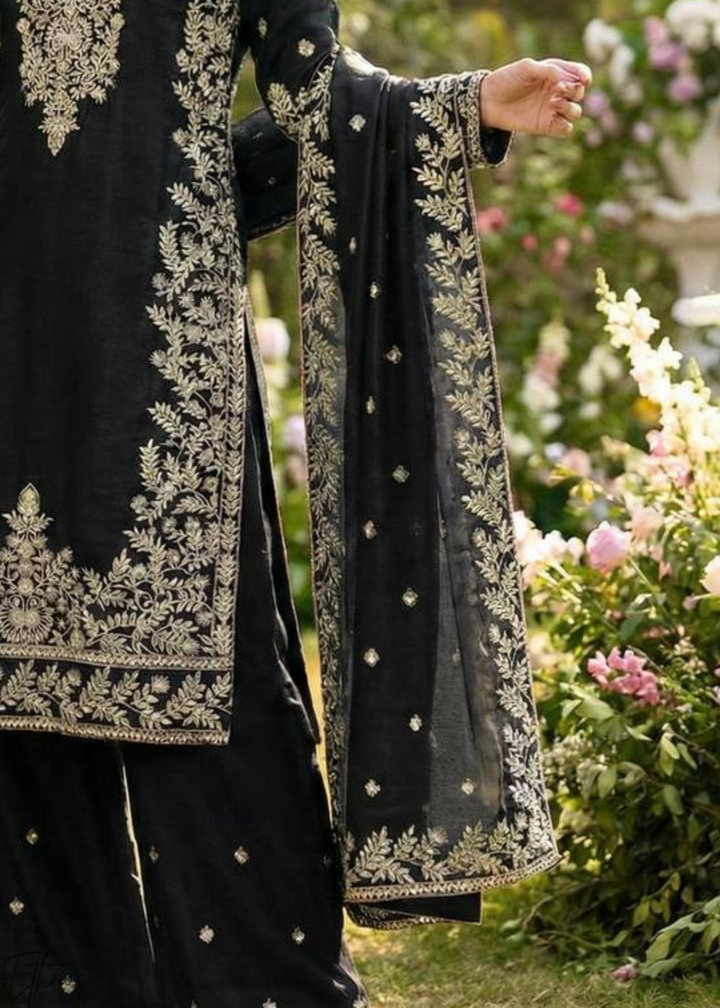 Deep Black Silk Embroidered Silk Palazzo Suit