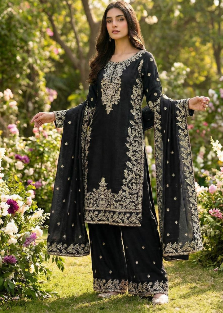 Deep Black Silk Embroidered Silk Palazzo Suit