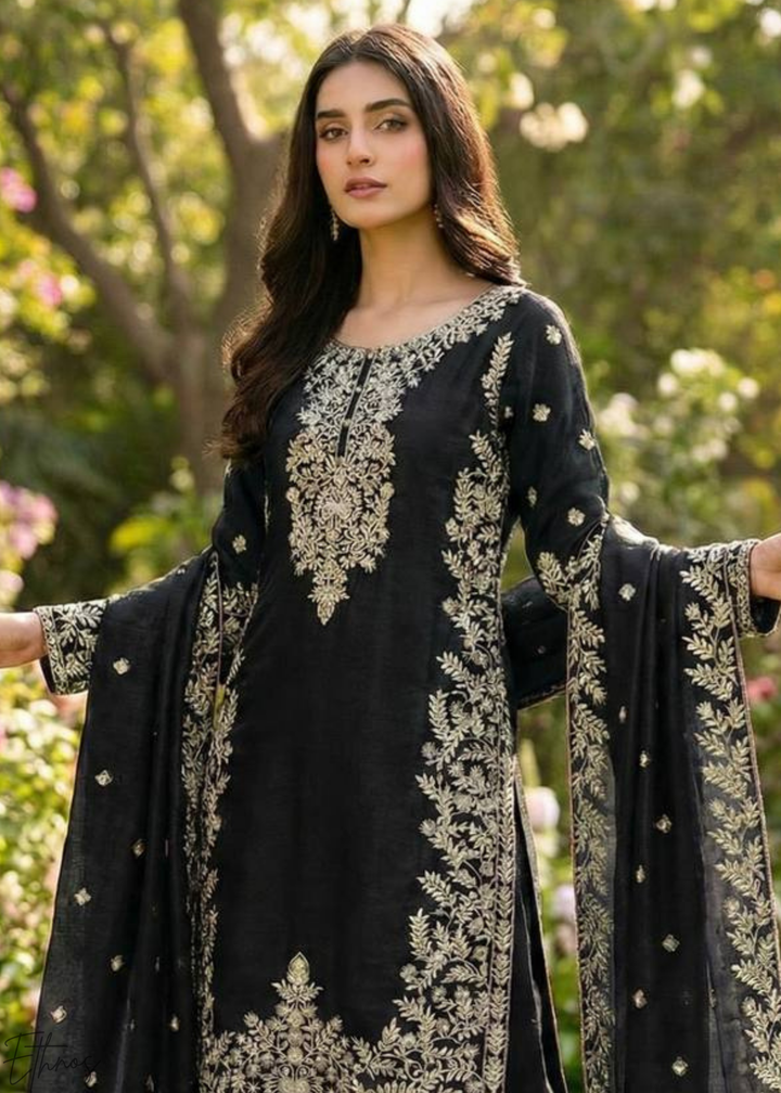 Deep Black Silk Embroidered Silk Palazzo Suit