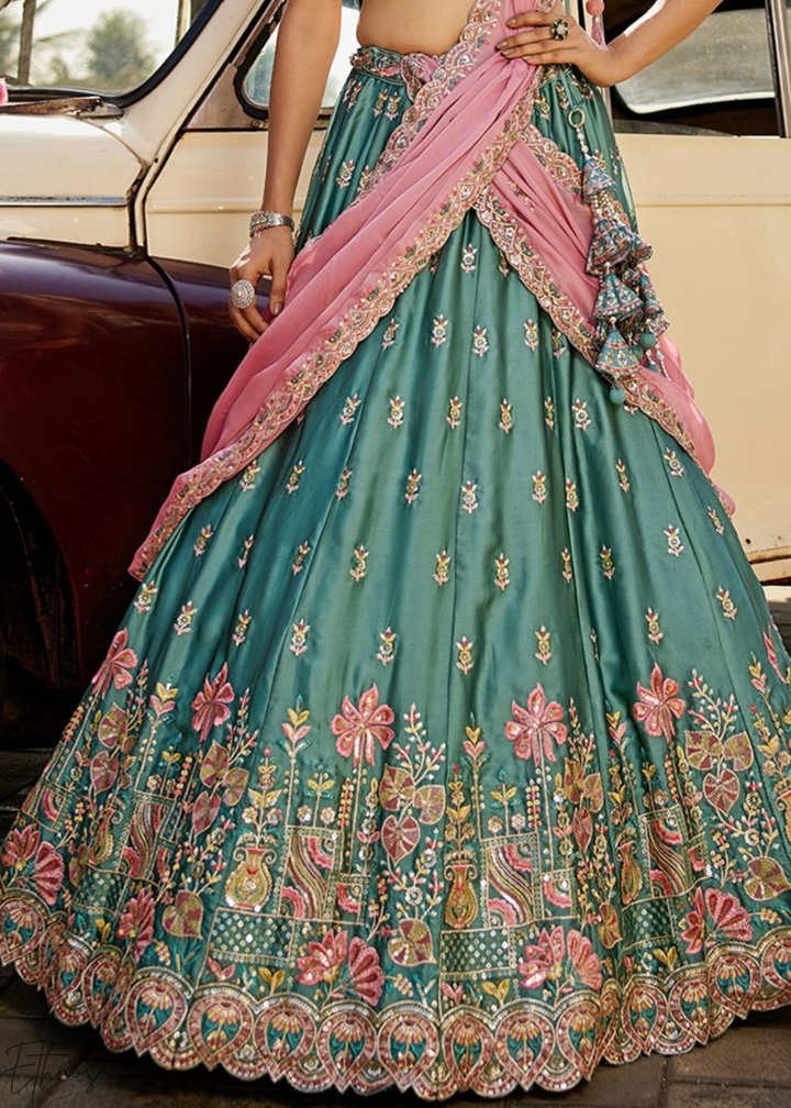 Deep Celadon Radiant Blossom Poly Georgette Lehenga