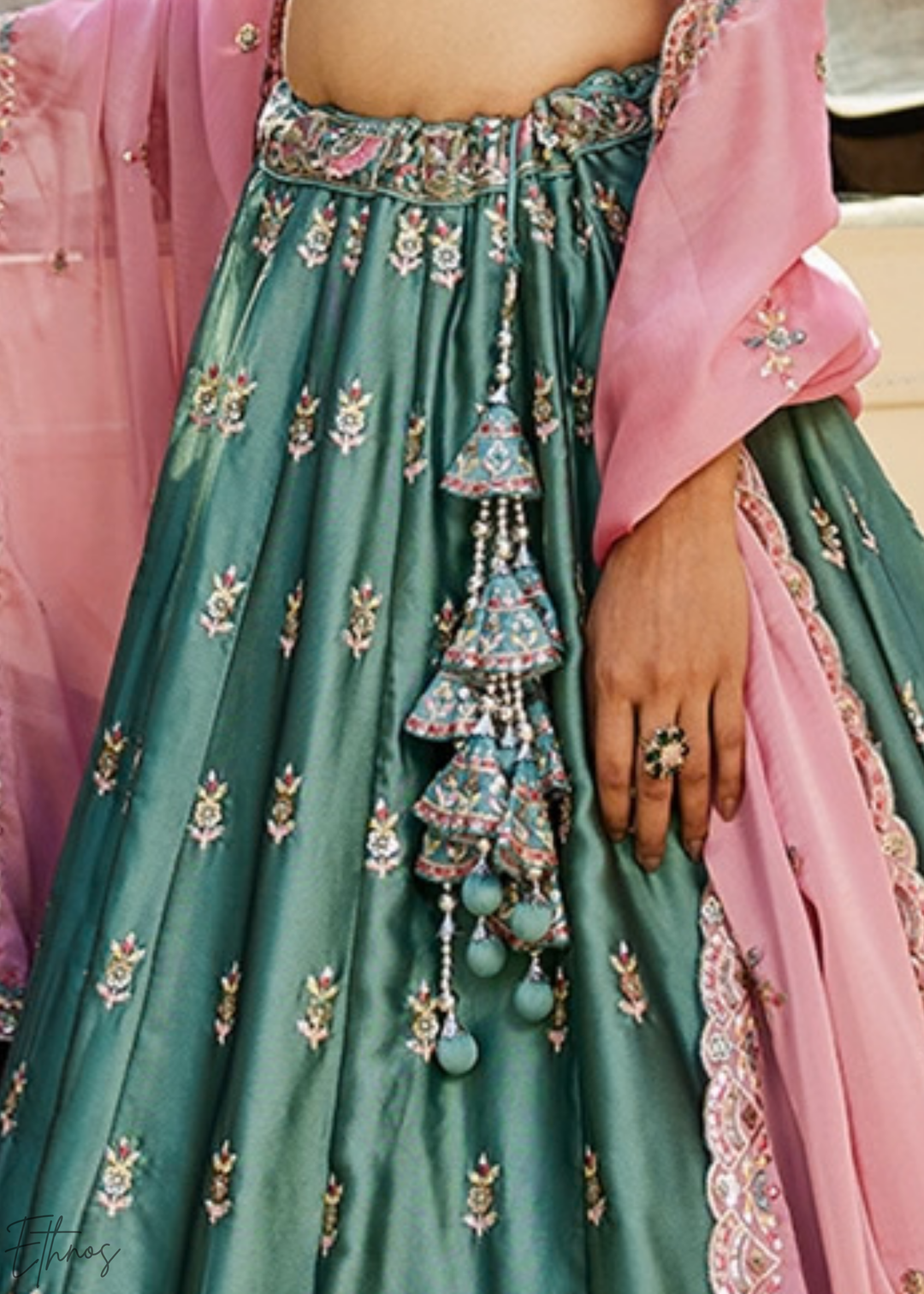 Deep Celadon Radiant Blossom Poly Georgette Lehenga