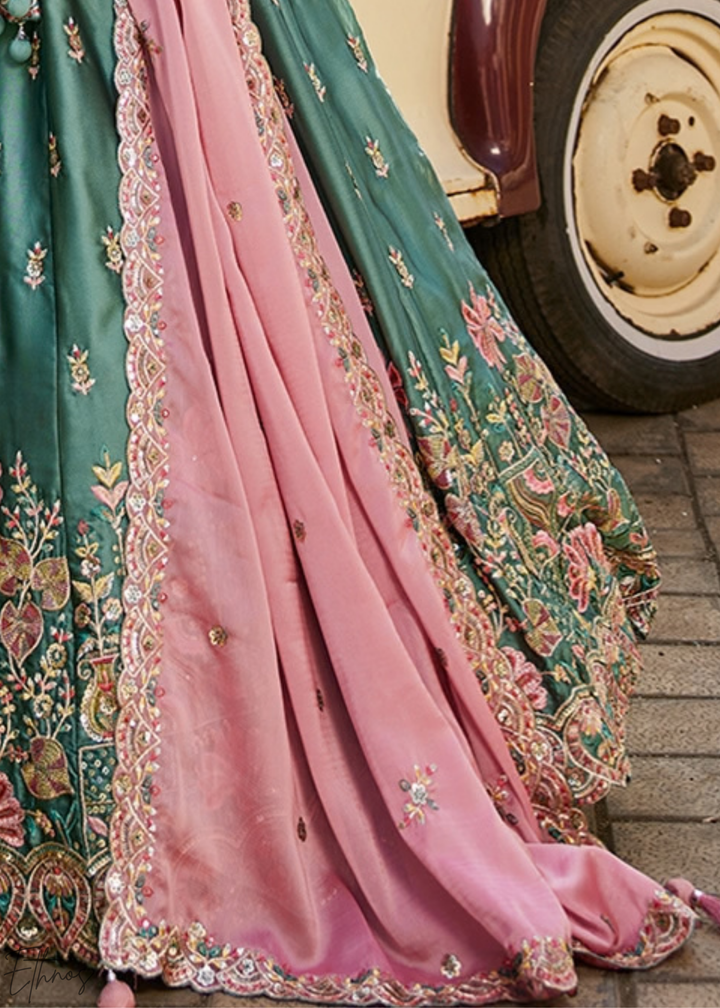 Deep Celadon Radiant Blossom Poly Georgette Lehenga