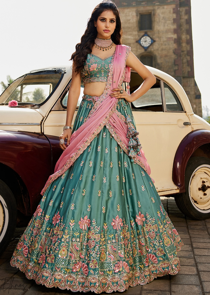 Deep Celadon Radiant Blossom Poly Georgette Lehenga