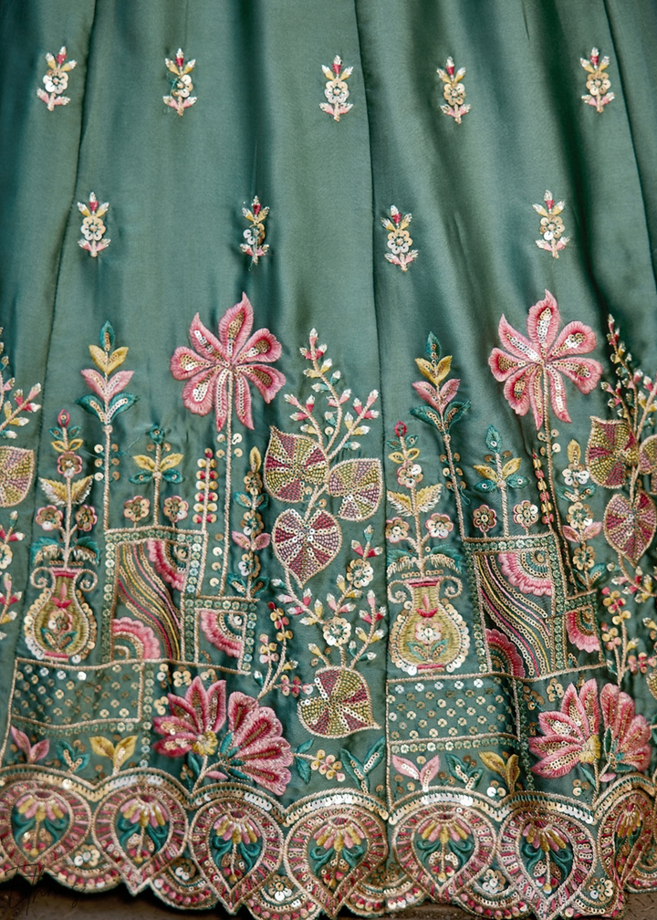 Deep Celadon Radiant Blossom Poly Georgette Lehenga