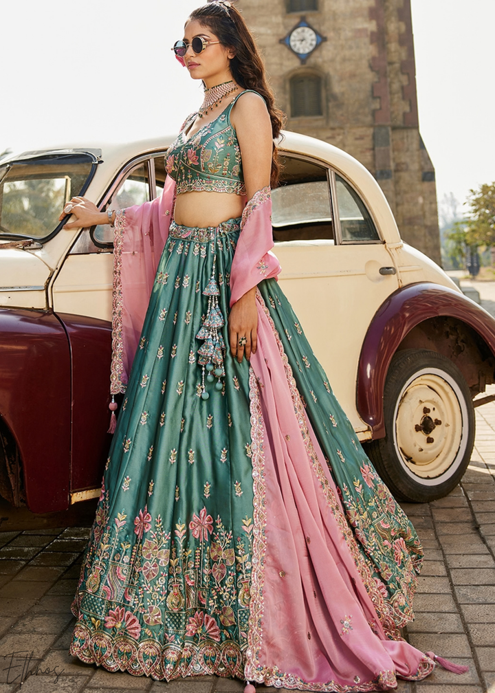 Deep Celadon Radiant Blossom Poly Georgette Lehenga