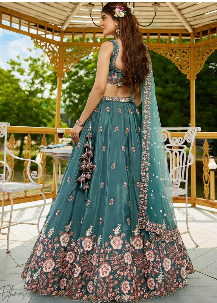 Deep Celadon Radiant Blossom Satin Lehenga
