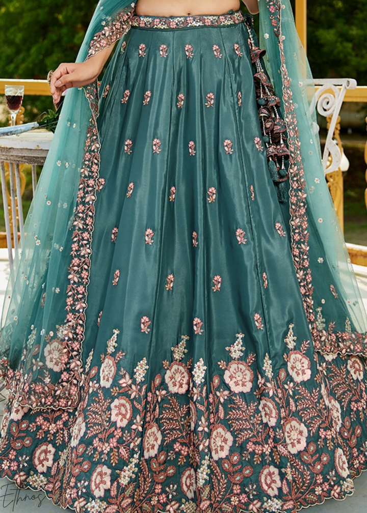 Deep Celadon Radiant Blossom Satin Lehenga
