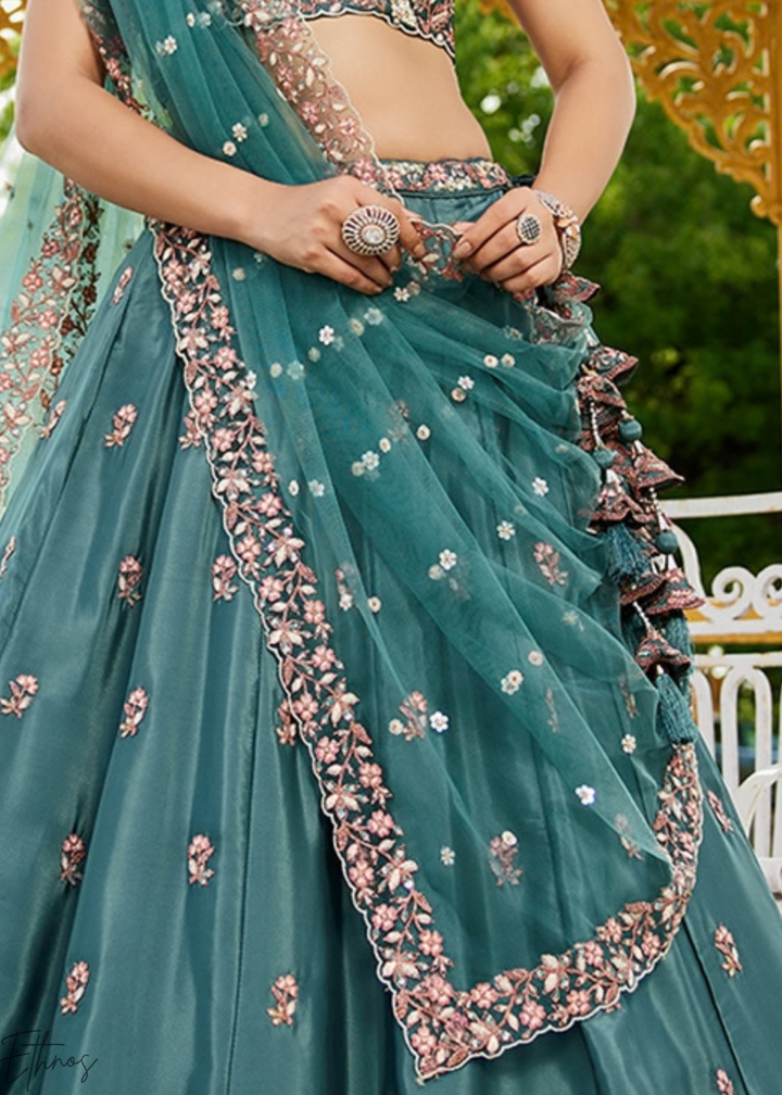 Deep Celadon Radiant Blossom Satin Lehenga