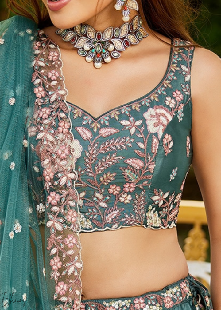 Deep Celadon Radiant Blossom Satin Lehenga